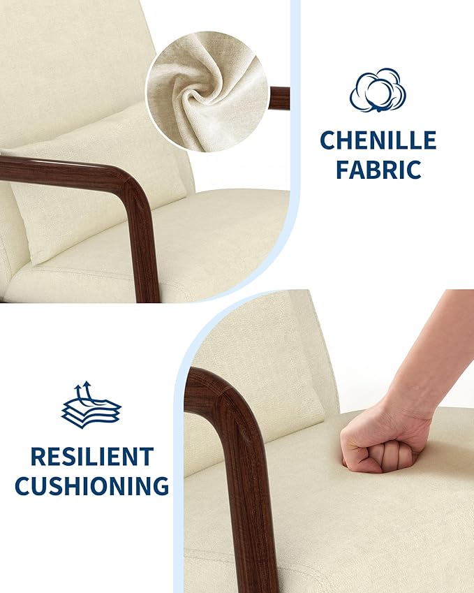 Garvee Mid-Century Chenille Accent Chair Cozy Reading Chair Modern Lounge Armchair with Lumbar Pillow Solid Wood Frame for Living Room Bedroom Office Beige