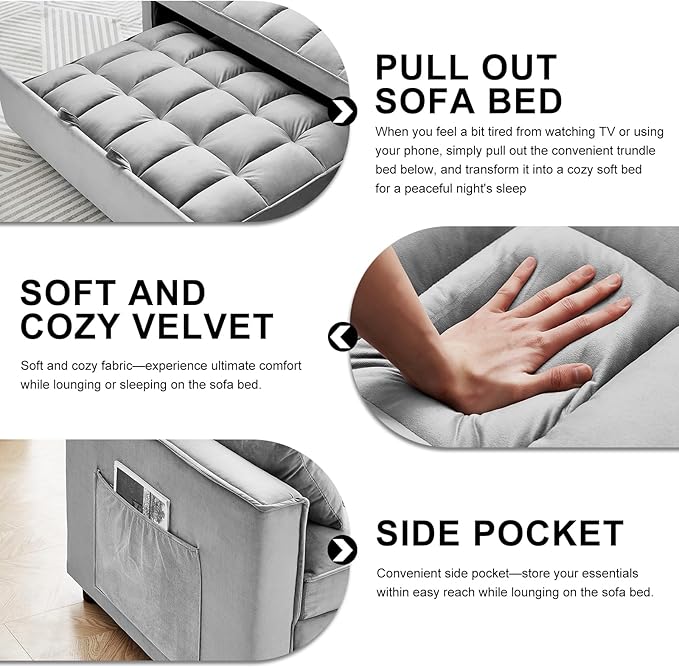 3 in 1 Convertible Sleeper Sofa Bed 55 Pull Out Couches Modern Loveseat Sleeper Sofa with Adjustable Reclining Backrest &amp Side Pockets for Living Room Velvet Fabric Grey