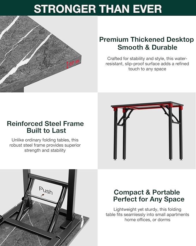 Frylr Small Folding Computer Desk – 35.8 Inch Portable Table for Craft and Study Lightweight Desk for Small Spaces Foldable Laptop Table Built-in AC/USB Outlets for Convenience Marble Greige
