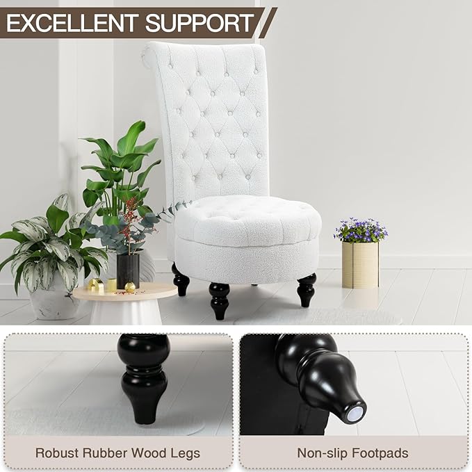 AVAWING Teddy Fleece Throne Royal Chair Set of 1 for Living Room Button-Tufted Armless High Back Chair with 24.6 Inch Large Seat Thick Padding and Rubberwood Legs White