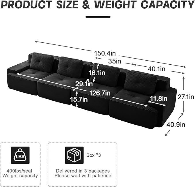 150.4'' Sectional Sofa 32D Foam Corduroy Boneless Couch with Pillow Deep Seat Wide Arm Sectional Couch for Apartment Living Room Bedroom