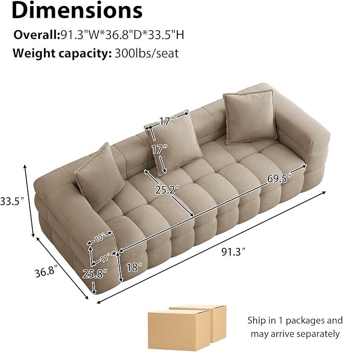 91.3 Boneless CouchComfy Cloud Sectional Sofa with Deep SeatModern Upholstered Chenille Love Seat Sofa Oversized Couches for Living Room No Assembly Required Tufted Sofas Light Brown