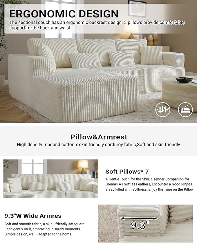 110 Inch Cloud Sectional Couch Modular Sectional Sofa with Deep Seat Corduroy Upholstered Boneless Couch for Living Room Bedroom Left Facing Chaise No Assembly Required (White)