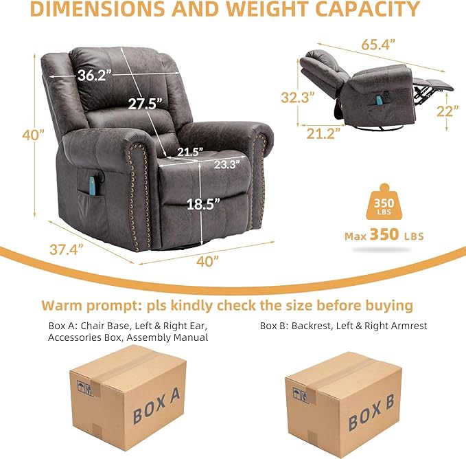 Manual Massage Recliner with Heating Function 360° Swivel Glider Rocking Recliner Chair for Living Room Ergonomic Single Sofa Chair with Remote Control/USB Ports/Side Pockets(Grey)