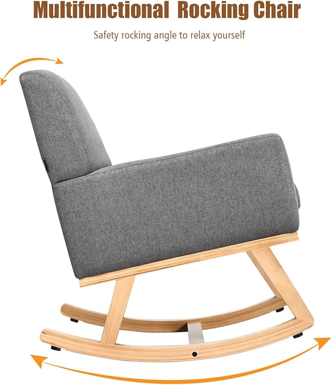 Giantex Upholstered Rocking Chair with Fabric Padded Seat and Solid Wood Base Comfortable Rocker for Living Room Bedroom Study Room Office Rocking Armchair (Gray)