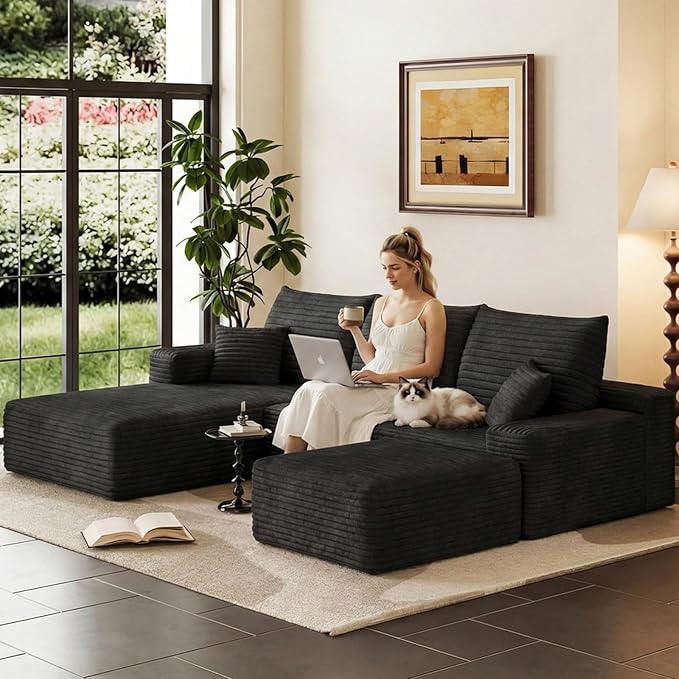 95 Modular Sectional Sofa Cloud Sectional Couch with Deep Seat Corduroy Boneless Couch with U Shaped Couch for Living Room No Assembly Required(Black Left Facing Chaise)