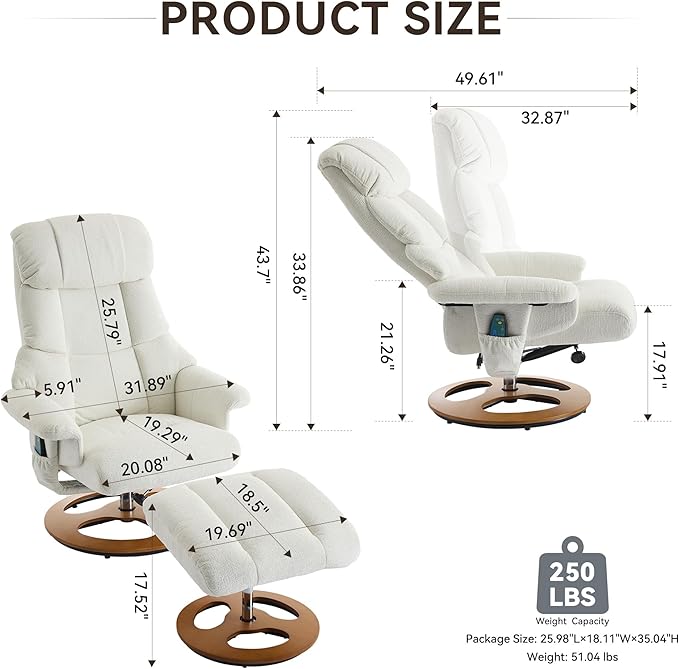 FOXHUNTER Chenille Recliner Chair with Ottoman Modern Massage Swivel Lounge 360° Swivel Rocker Recliner Comfy Modern Accent Arm Chairs for Living Room Bedroom (Chenille Ivory)