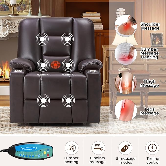 Power Lift Recliners with Massage and Heat for Elderly Electric Lifting Recliner Chair with Cup Holders &amp USB Port Faux Leather Reclining Sofa with Side Pocket for Living Room Brown
