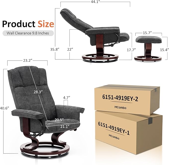 MCombo Manual Swivel Recliner with Ottoman Chair Ottoman Set for RV Small Spaces Living Room Bedroom Office 4919 (Chenille Grey)