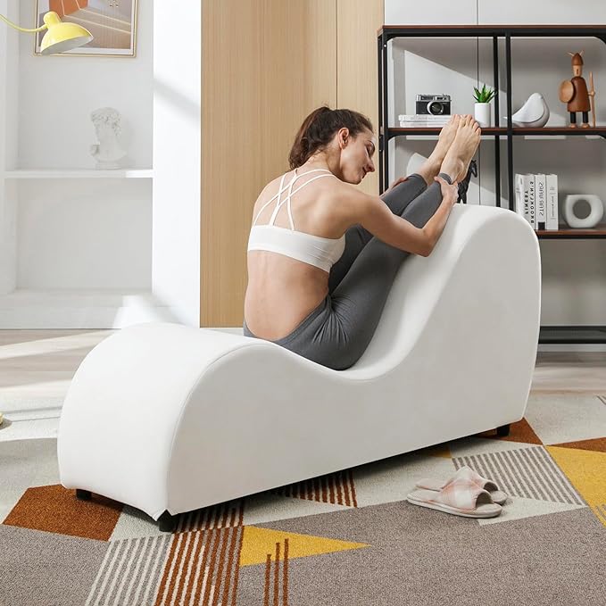 BALUS 60.6 W Yoga Sofa Chaise Lounge Chair for Adults Ergonomic S-Shape Yoga Chairs Indoor for Living Room Relaxing Modern Velvet Chaise Lounges Chair for Small Space Stretching Exercising - Beige