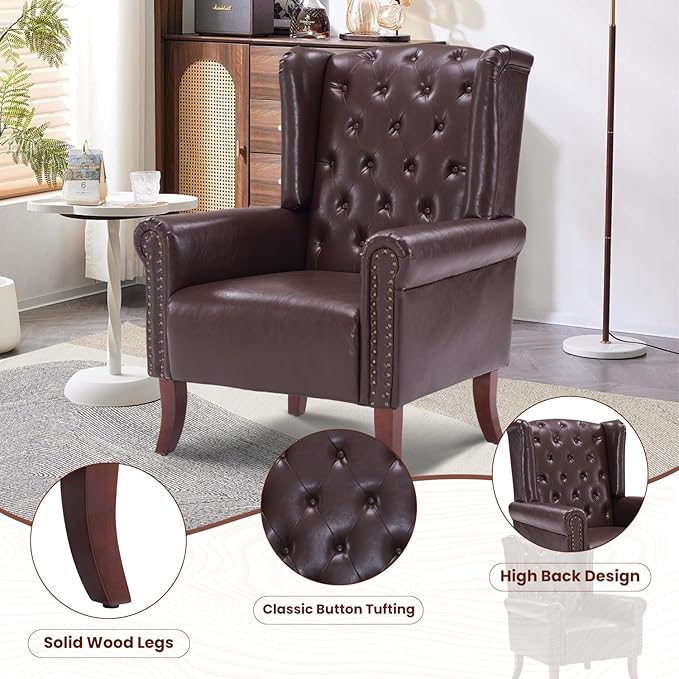 PU Leather Accent Chair Modern Wingback Armchair Club Sofa Chair High Back Living Room Chair for Bedroom Office Lounge (Caramel)