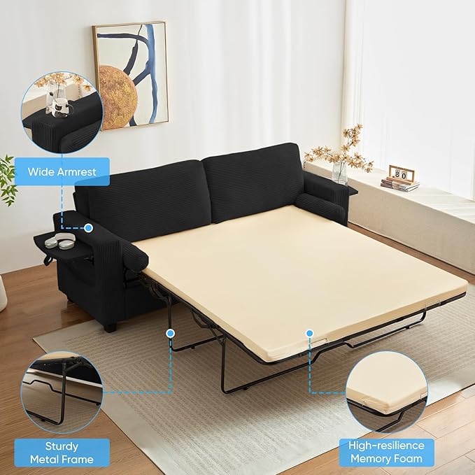 Mjkone 82 Width Queen Size Pull Out Sofa Bed Sleeper Couch with Pull Out Beds 2-in-1 Convertible Corduroy Loveseat Sleeper Sofa Couch Bed with Folding Mattress for Living Room Home Apartment Black