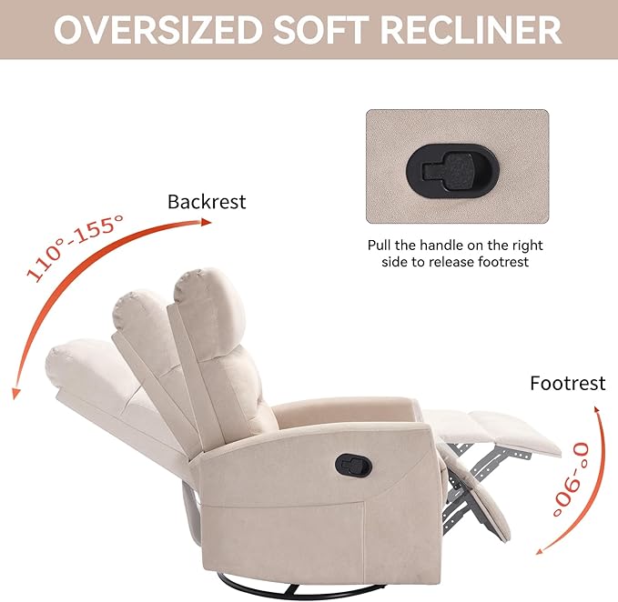 KEIKI Swivel Rocker Recliner Chair with Adjustable Backrest &amp Pockets Ergonomic Lounge Sofa Chair for Living Room Bedroom Beige