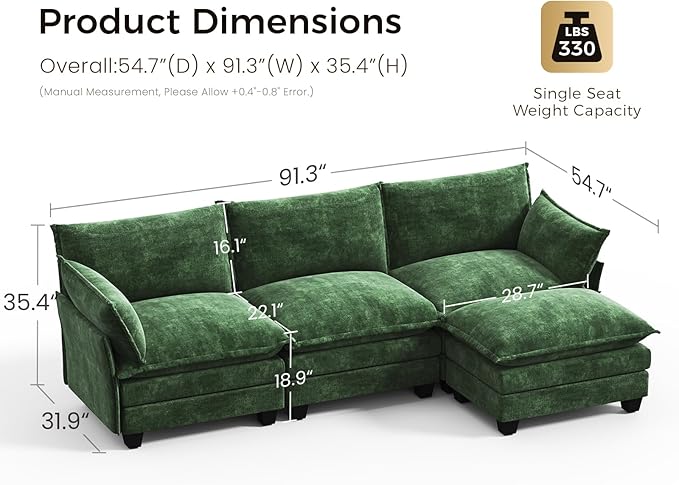 KKL 91.3 Modular Sectional Sofa L-Shaped 4 Seater Cloud Couch with Ottoman Chenille Modern Sectional Couches for Living Room Apartment Green