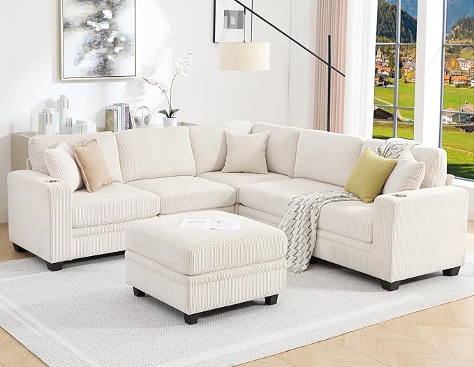Modular Sectional Sofa Corduroy 6-Seater Corner Couch with Ottoman Chaise Convertible L-Shaped U-Shaped Sofa Sectional Couches for Living Room Apartment Beige