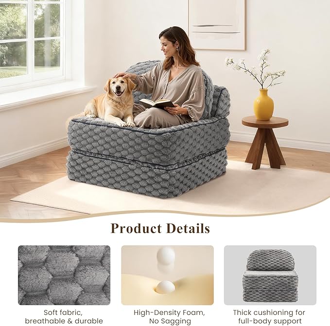 Folding Sofa Bed 3-in-1 Convertible Sleeper Chairs with PillowBack Support Fuzzy Fabric Floor Couch Bed for Adults Boneless Couches Living Room Bedroom Apartment Grey