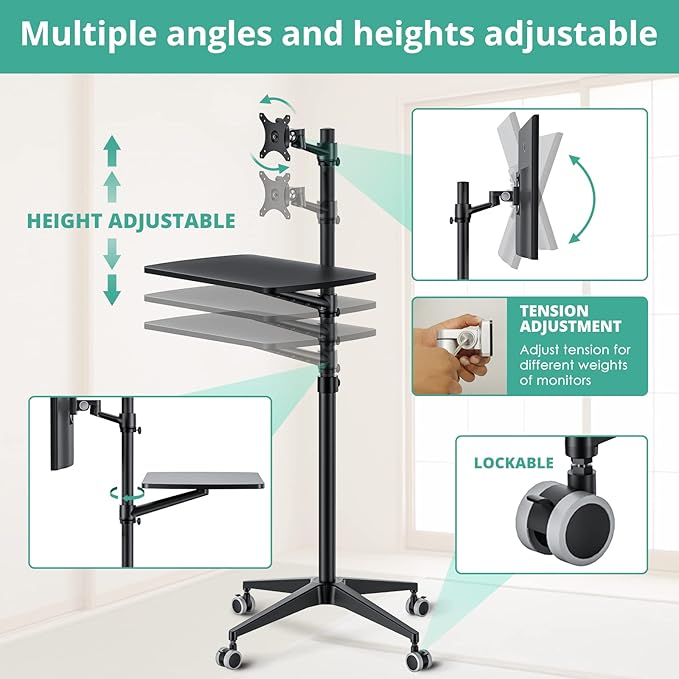 Viozon Mobile DeskMobile WorkstationMulitiuse Rolling Laptop Floor Stand34-48.6 Height AdjustableCompatible with 17-27 Monitor&amp12-17 Laptop21×14 DeskMaxload 17.6lbs4 Lockable Wheels