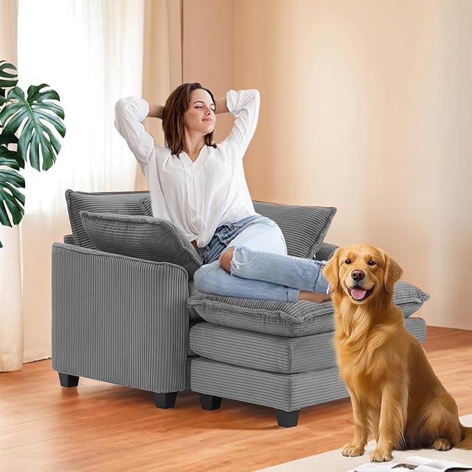 Furniliving Oversized Accent Chair with Ottoman Luxury Corduroy Single Sofa Upholstered Deep Seat Chaise Lounge with Pillows for Living Room Bedroom Apartment Grey