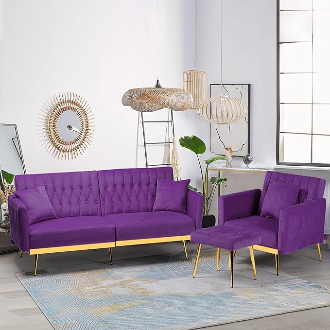 2 Pieces Velvet Sofa Set with Adjustable Armrest and Backrest 70” Convertible Futon Sofa Bed &amp Mordern Accent Chair with Ottoman for Living Room Bedroom Purpel