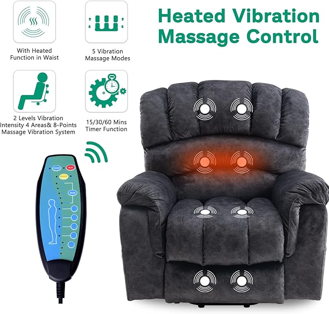 VIVIJASON Large Power Lift Chair Electric Recliner Chair with Heat &amp Massage for Elderly Big People Overstuffed Wide Electric Recliner with 2 Remote Controls Side Pockets &amp USB Ports Dark G