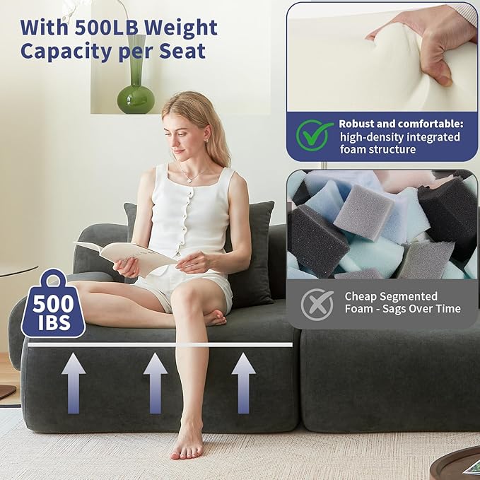 Cloud Couch Sectional114-Boneless Couch in a BoxUpholstered Couches for Living Room Bedroom with L-Shape ChaiseModern Comfy Sofa-Cool Gray CouchesNo Assembly RequiredLow -Profile Sofa