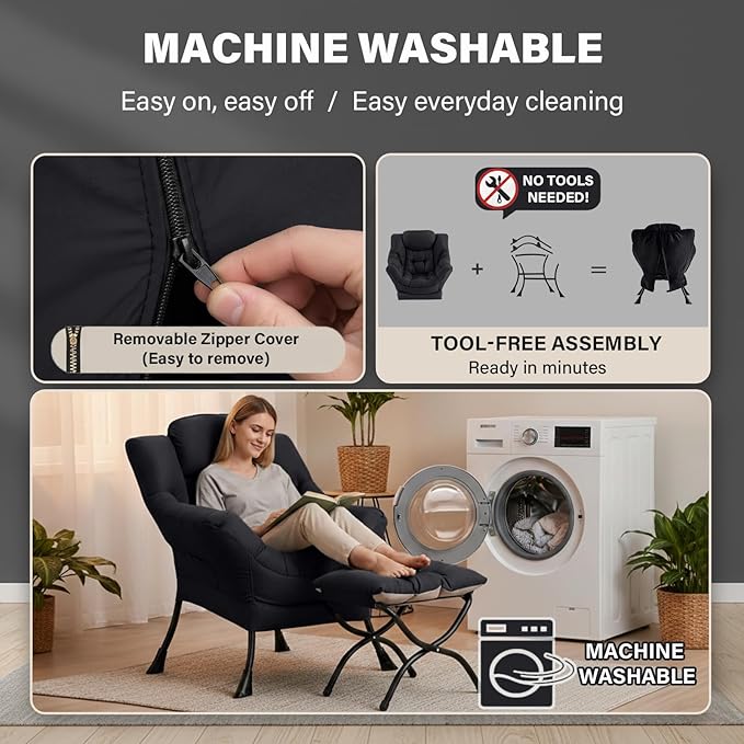 Cozy Lazy Chair and Ottoman Large Peach Black Contemporary Accent Chair Set Leisure Upholstered Reading Armchair for Office Bedroom Living Room Dorm Rooms Balcony