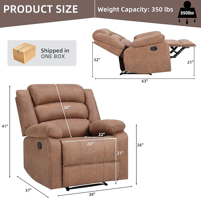 Manual Recliner Chair with Overstuffed Arm and Extra-Padded Back Breathable Fabric Reclining Chair for Adults Single Sofa for Living Room Bedroom (Chocolate)