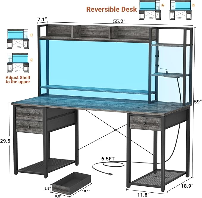 Aheaplus Desk with LED and Outlets Gaming Desks with Hutch 55.2'' Computer Desk with Drawers Reversible Office Desk with Storage Bookshelf Large Workstation with Shelf Desk for Home Black Oak