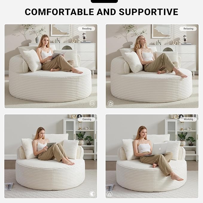 Oversized Round Lounge Chair Indoor Corduroy Upholstered Deep Seat Cloud Circle Sofa Chair Fluffy Boneless Sleeper Chair for Reading &amp Lounging No Assembly Required (Beige)