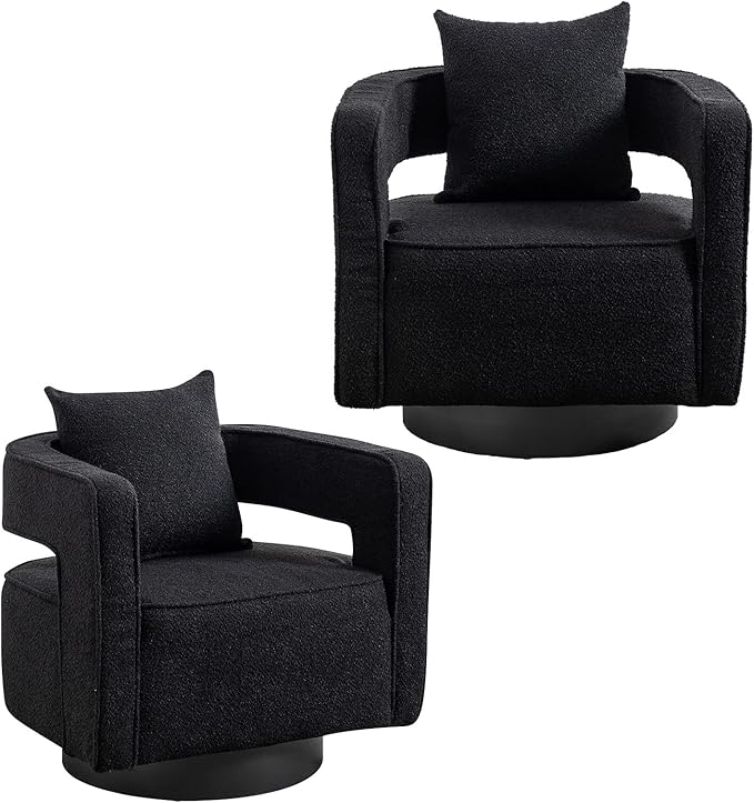 Mid Century Modern Boucle Swivel Accent Chair 2 Pack Comfy Open Back Sofa Chair with Black Wood Base for Nursery Bedroom Living Room Club Swivel Lounge Chairs (2pcs Chair Black)