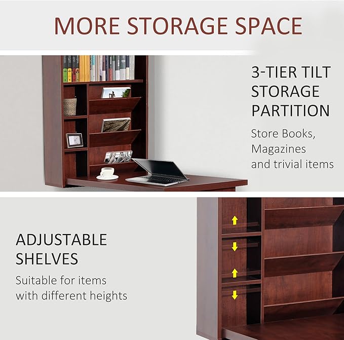 Wall Mounted Office Desk Fold Out Convertible Computer Desks with Storage Shelves Multi-Function Folding Wall Desk Writing Table for for Small Spaces Home Office (Brown)