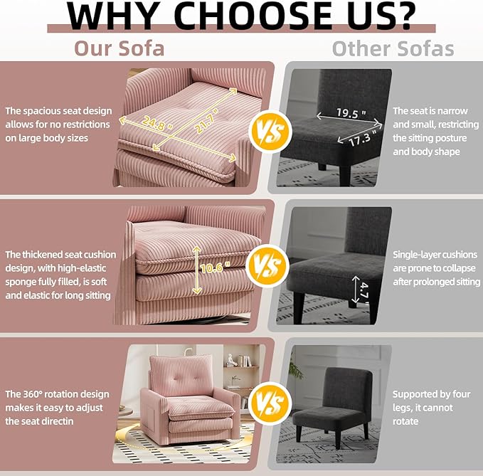 Cozy Swivel Accent Chair Modern Oversized Single Sofa with Armrest Comfy Upholstered Armchair Sofa Large Corduroy Accent Chair for Living Room Bedroom Reading Room Pink