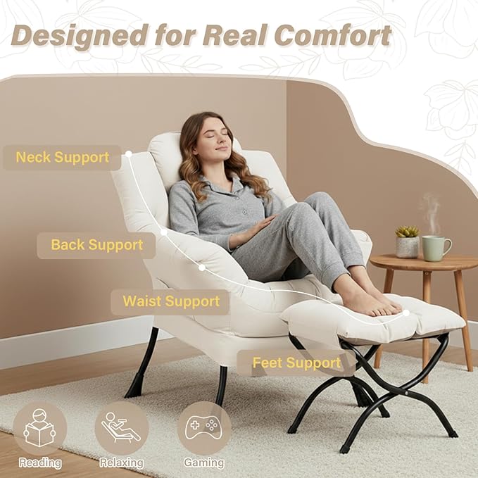 Cozy Lazy Chair and Ottoman Large Contemporary Peach Beige Accent Chair Set Leisure Upholstered Reading Armchair for Bedroom Living Room Dorm Rooms Office Balcony