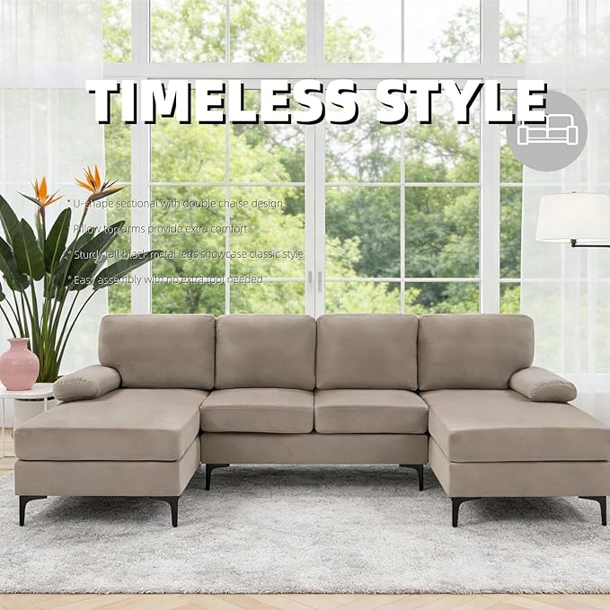 106 U-Shape Sectional Couches with Double Chaise Upholstered Sofa with Polyester Blend Fabric Modern 4 Seat Modular Sofa with Sturdy Metal Legs for Living Room Apartment Khaki