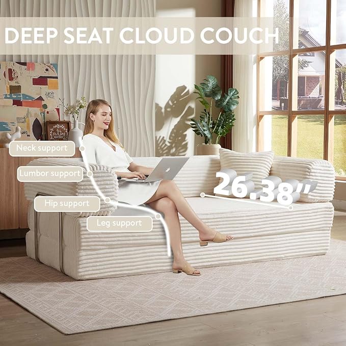 81 Inch Convertible Folding Sofa BedFold Out Floor Sofa Couch with Fixed-Shape FrameCorduroy Foldable Mattress Cloud Couch for Living Room Bedroom (Off White)