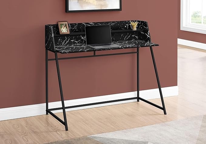 Pemberly Row Computer Desk 48 L Black Marble-Look Finish Particle Board and Metal Trapezoid Legs Small Hutch with Shelf Contemporary Home Office Desk for Laptop or Writing Use