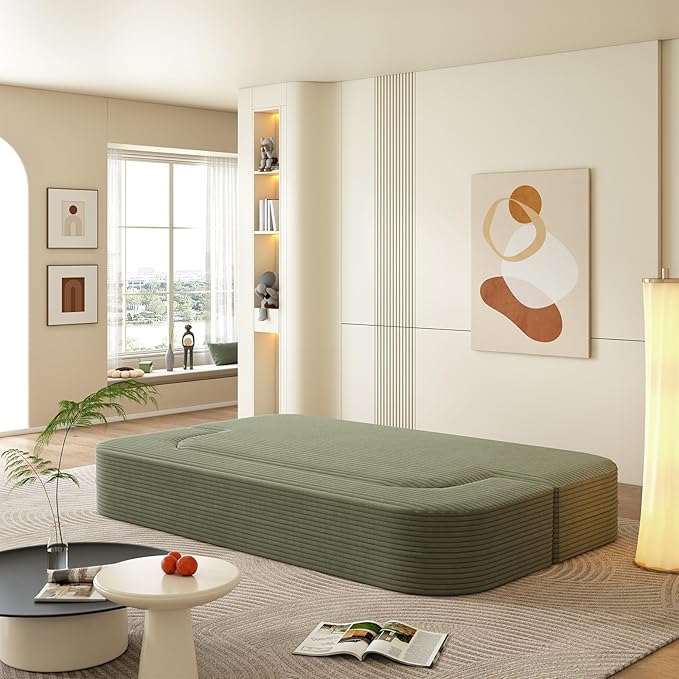 78.7 W Convertible Folding Sofa Bed Corduroy Futon Loveseat Sleeper Couch Bed with Blanket Full Size Compression Foam Floor Couch Boneless Foldable Mattress for Living Room Bedroom Green