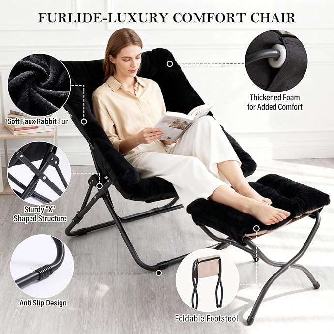 Oversized Folding Faux Fur Chair with Ottoman X-Large Soft Saucer Chair Foldable Metal Frame for Bedroom Living Room Balcony (Black)