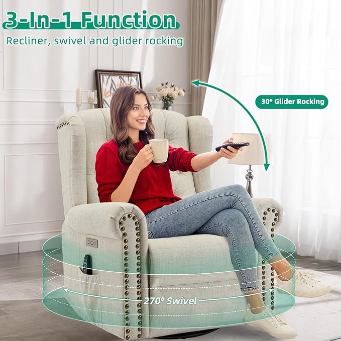 VIVIJASON Power Swivel Rocking Recliner Chair with Massage &amp Heat Electric Rocker Nursery Glider Chair Wingback Tufted Upholstered Recliner W/Type-C &amp USB Ports for Living Room Bedroom Bei
