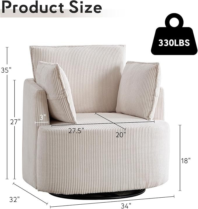 Bonzy Home 360° Swivel Accent Chair Comfy Corduroy Swivel Barrel Chair with 2 Soft Pillows Single Sofa for Living Room Bedroom Beige