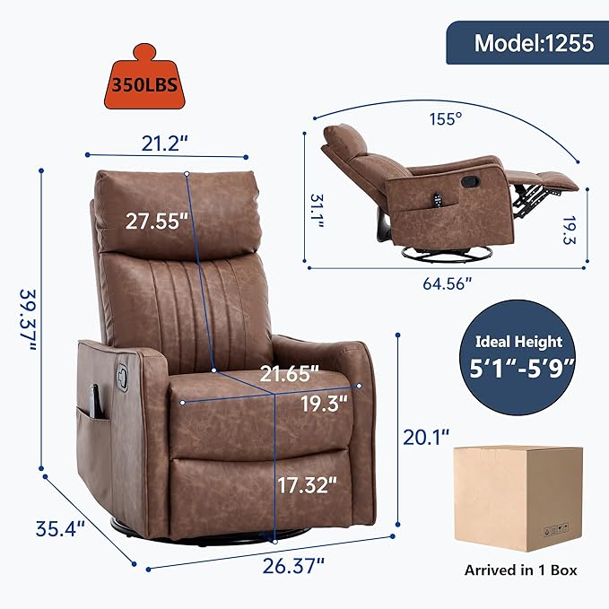 Light Brown 360° Swivel Rocker Recliner Chair Massage Reclining Chair with 8-Point Vibration &amp Lumbar Heat for Adults Elderly 155° Recline Easy Assembly for Living Room