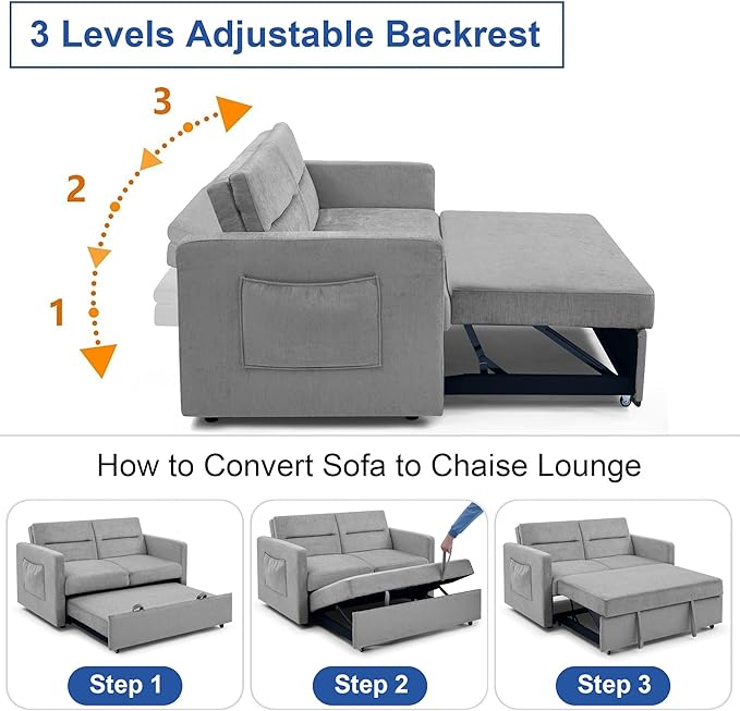 Loveseat Sleeper Sofa Bed Pull Out Couch Comfortable Chenille Fabric Adjustable Backrest Resilient Sponge Cushions Sturdy Wood Frame Side Storage Pockets Grey