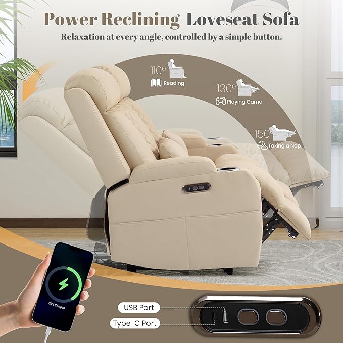 Zero Wall Hugger Power Reclining Loveseat with Adjustable Headrest Power Loveseat Recliner Sofa with USB&ampType-C Ports Wall Hugger Loveseat Recliner for Living Room(Beige 2 Seater)