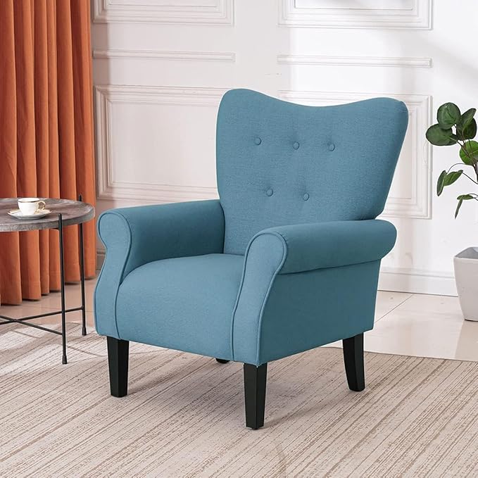 YOLENY Modern Accent ChairHigh Back ArmchairUpholstered Fabric Button Single Sofa with Wooden Legs for Living RoomBedroomClubLight Blue