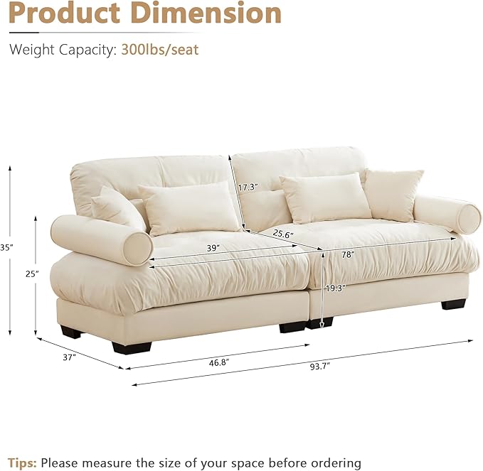 Setawix Velvet Oversized Loveseat Sofa Couch with Deep SeatExtra Large Modular Sectional 2 Seater Cloud Couches for Living RoomModern 2-Seat Sleeper Sofa with PillowsTufted(Cream)
