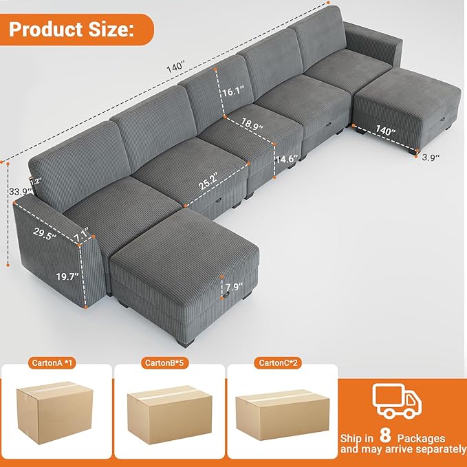140 Large u Shaped Couch Oversized Modular Sectional Sofa with Storage Ottoman 7-Seater Comfy Combination Sofa Deep Seat Couches for Living Room Corduroy Grey