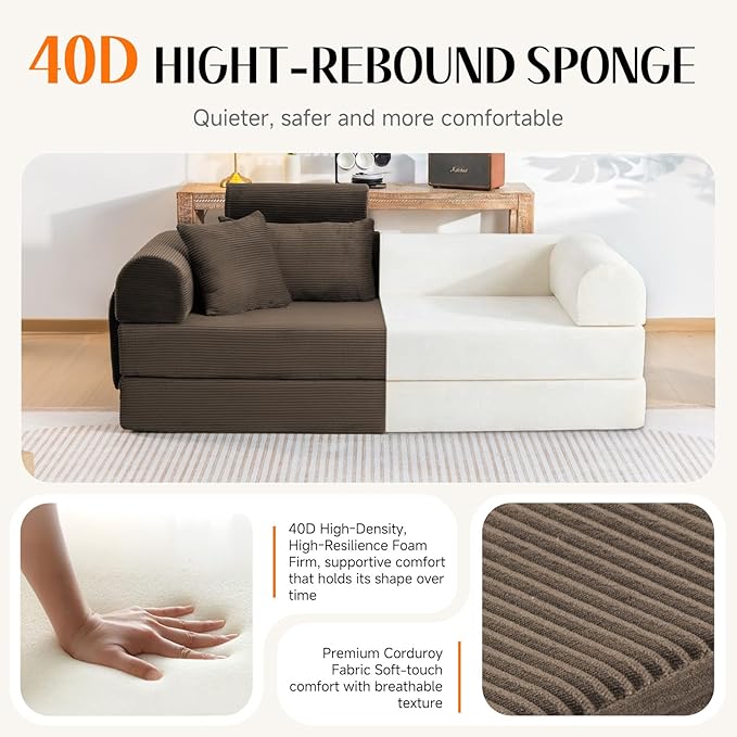 79 Corduroy Sofa Bed Sleeper Couch 6-in-1 Convertible Boneless Floor Futon Loveseat High-Density Foam Couch in a Box with 2 Headrest Pillows No Assembly Brown