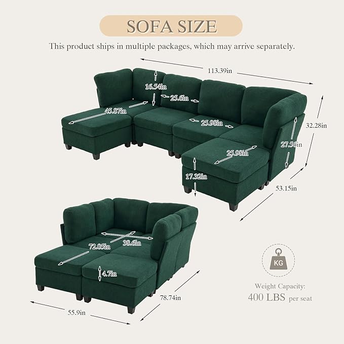 113.39 Modular Sectional Sofa 6 Seaters Sectional Sleeper Sofa U Shaped Couch Comfy Convertible Couches with Ottomans Oversized Modular Sofa with Large Storage for Living Room (Emerald)