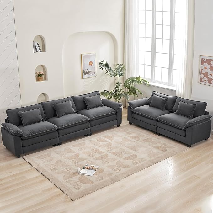Modular Sectional Sofa Cloud Couch with Ottoman Deep Seat L Shaped Velvet Sofa Couches for Living Room Apartment (Dark Grey L Shaped-3 Seat &amp Ottoman)
