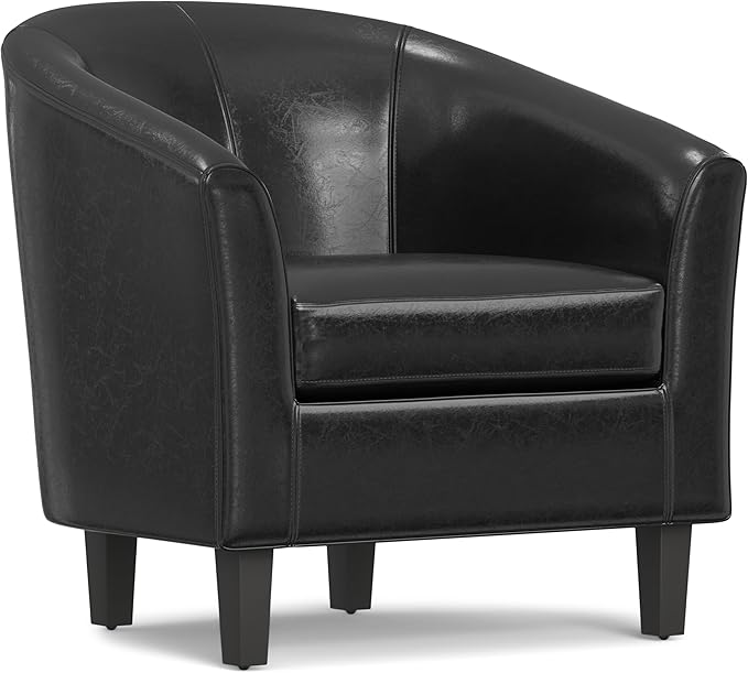 SIMPLIHOME Austin Tub Chair - 30 inch Wide Upholstered Faux Leather Contemporary Accent Chair in Black for Living Room or Office with High Arms Removable Cushion and Wraparound Back Design